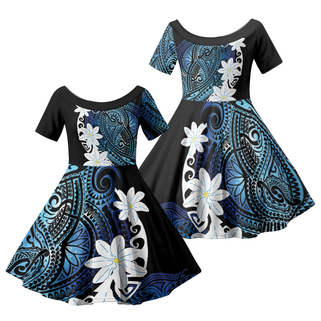 Cook Islands Maori Language Week Family Matching Off Shoulder Short Dress and Hawaiian Shirt Tiare Maori Kuki Airani Blue Pattern