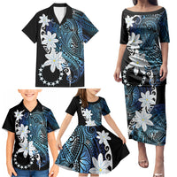 Cook Islands Maori Language Week Family Matching Puletasi and Hawaiian Shirt Tiare Maori Kuki Airani Blue Pattern