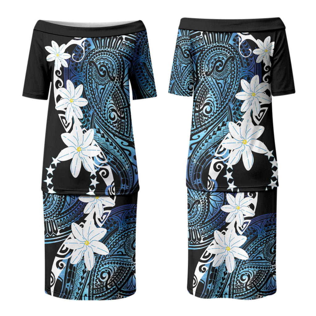 Cook Islands Maori Language Week Family Matching Puletasi and Hawaiian Shirt Tiare Maori Kuki Airani Blue Pattern
