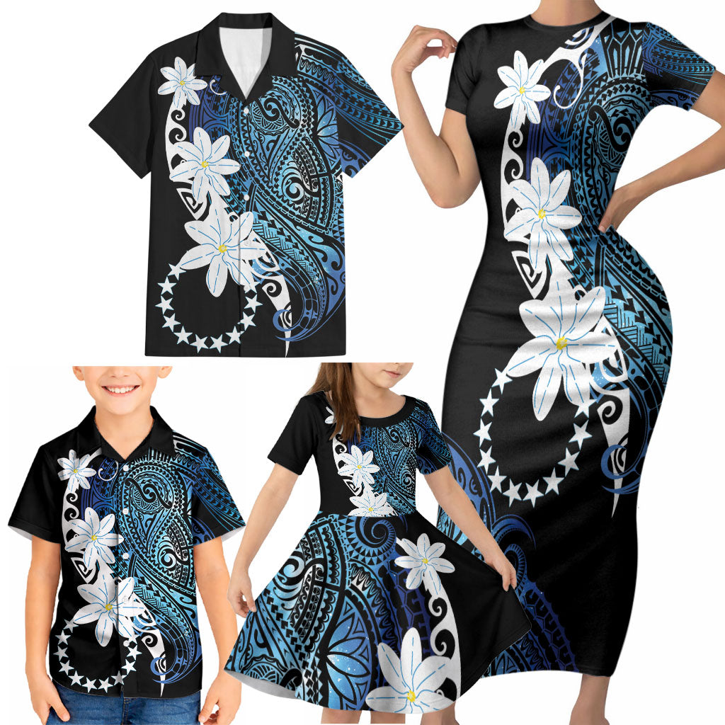 Cook Islands Maori Language Week Family Matching Short Sleeve Bodycon Dress and Hawaiian Shirt Tiare Maori Kuki Airani Blue Pattern