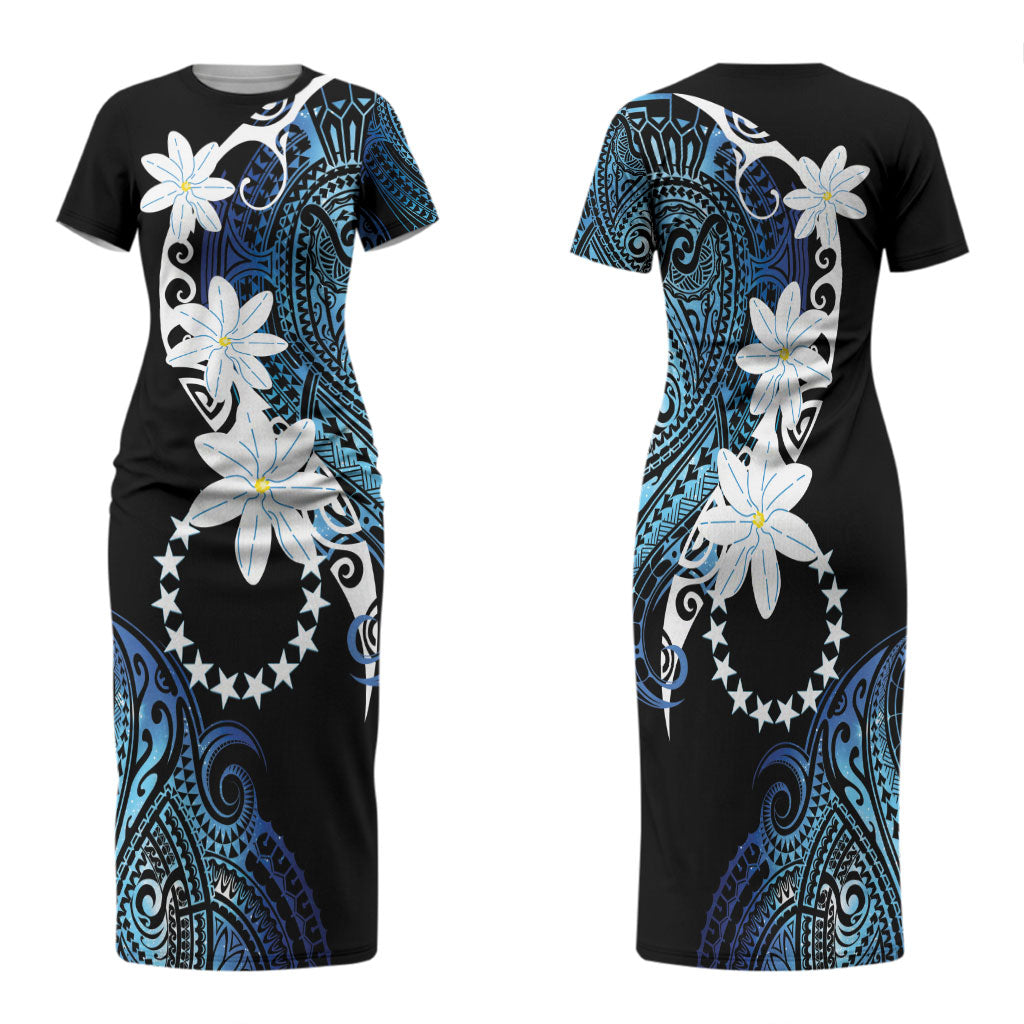 Cook Islands Maori Language Week Family Matching Short Sleeve Bodycon Dress and Hawaiian Shirt Tiare Maori Kuki Airani Blue Pattern