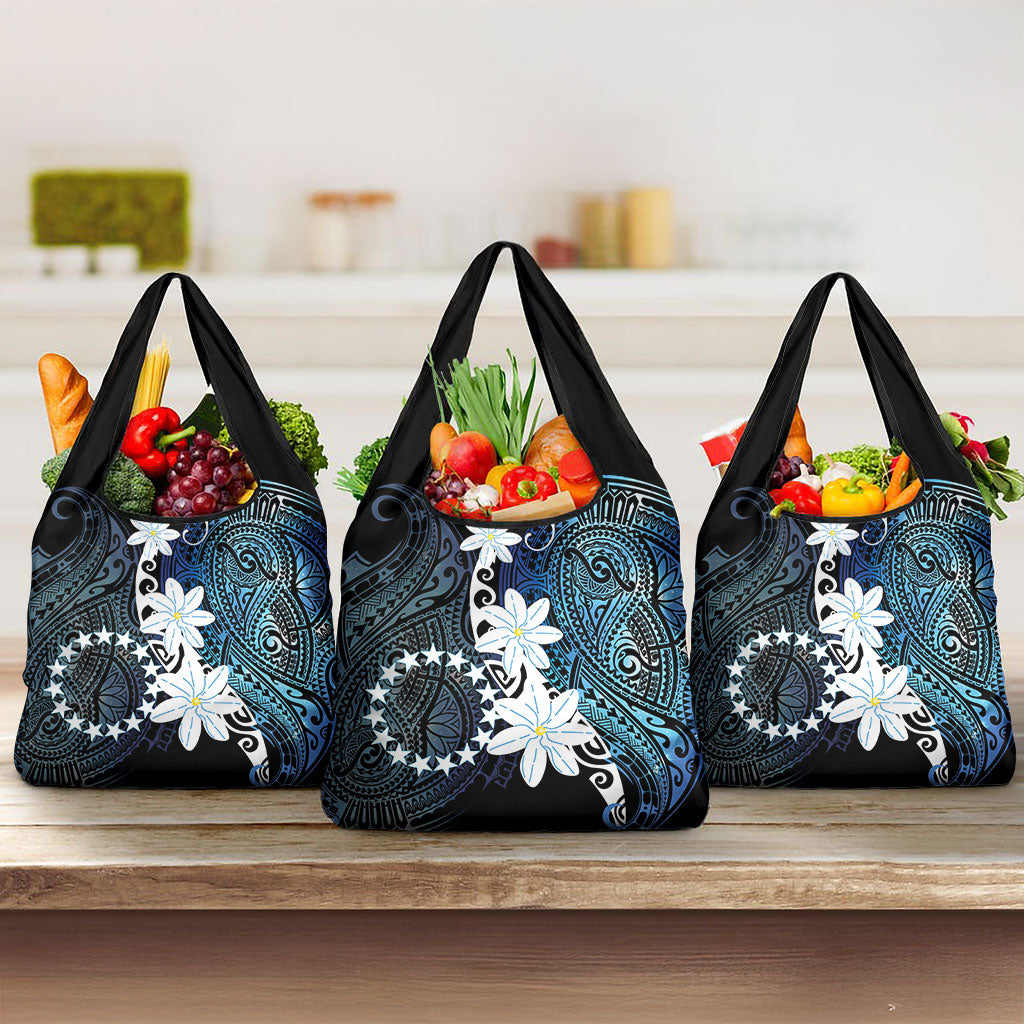 Cook Islands Maori Language Week Grocery Bag Tiare Maori Kuki Airani Blue Pattern