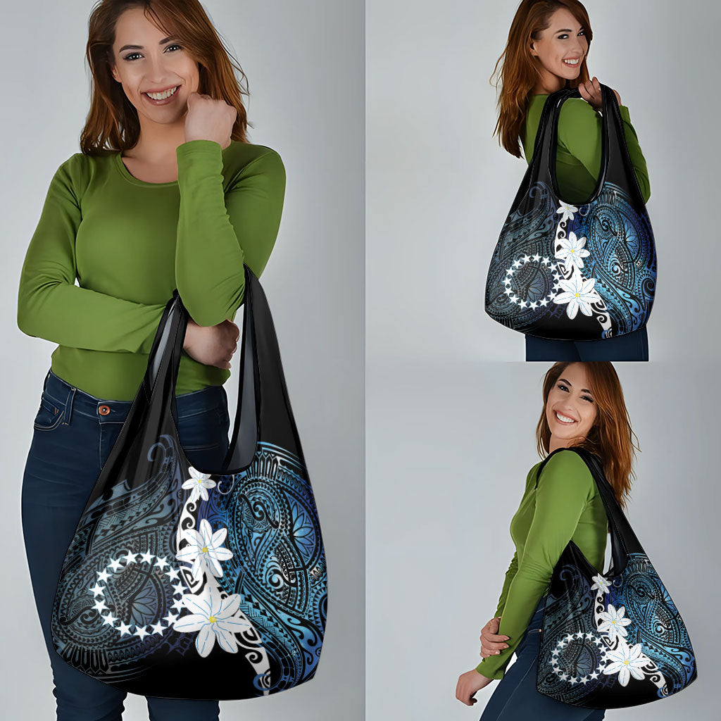 Cook Islands Maori Language Week Grocery Bag Tiare Maori Kuki Airani Blue Pattern