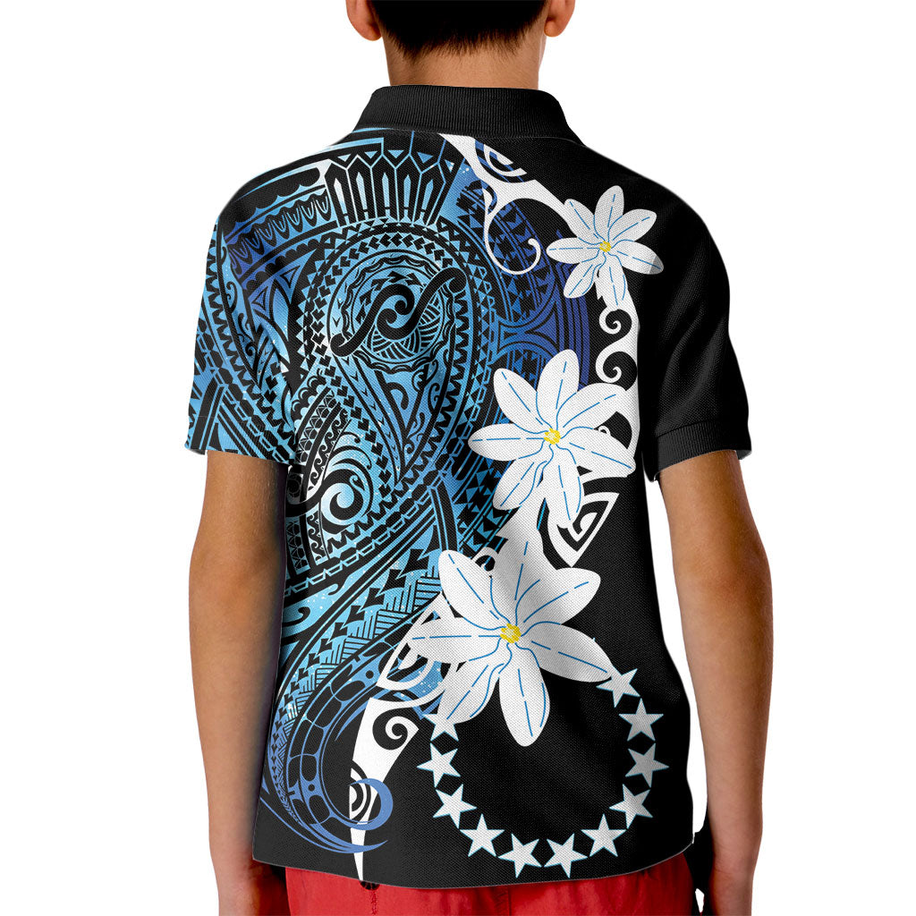 Cook Islands Maori Language Week Kid Polo Shirt Tiare Maori Kuki Airani Blue Pattern