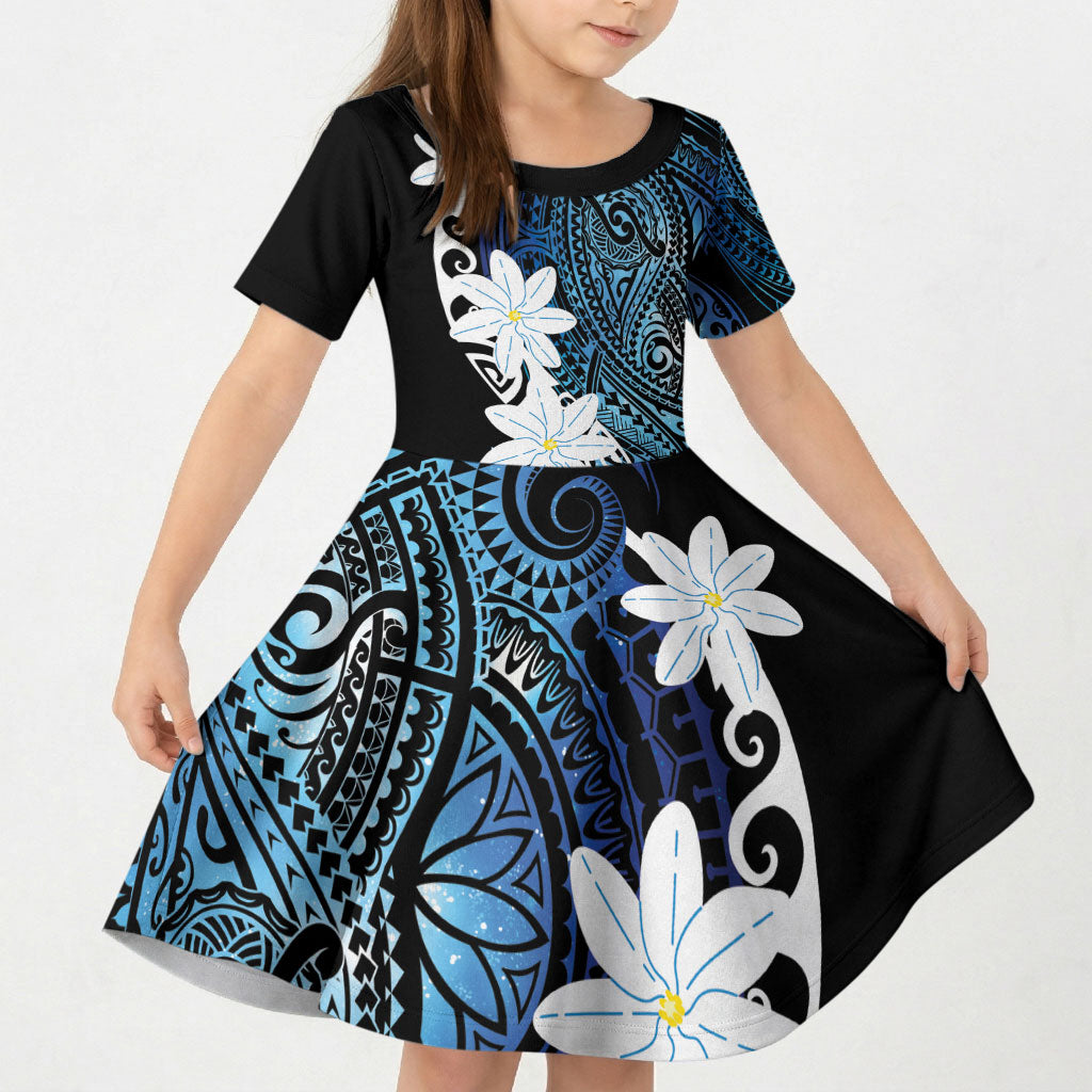 Cook Islands Maori Language Week Kid Short Sleeve Dress Tiare Maori Kuki Airani Blue Pattern
