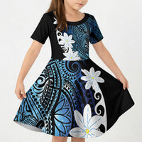 Cook Islands Maori Language Week Kid Short Sleeve Dress Tiare Maori Kuki Airani Blue Pattern