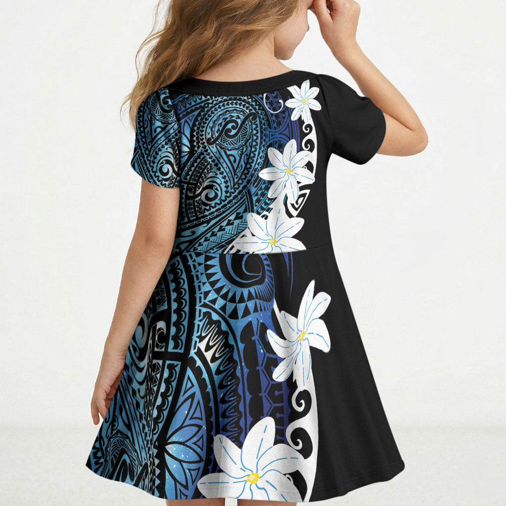 Cook Islands Maori Language Week Kid Short Sleeve Dress Tiare Maori Kuki Airani Blue Pattern