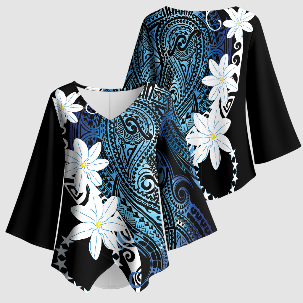 Cook Islands Maori Language Week Kimono Sleeve Blouse Tiare Maori Kuki Airani Blue Pattern
