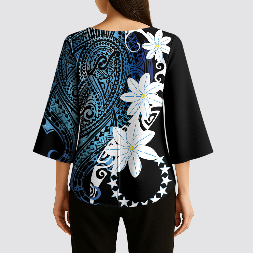 Cook Islands Maori Language Week Kimono Sleeve Blouse Tiare Maori Kuki Airani Blue Pattern