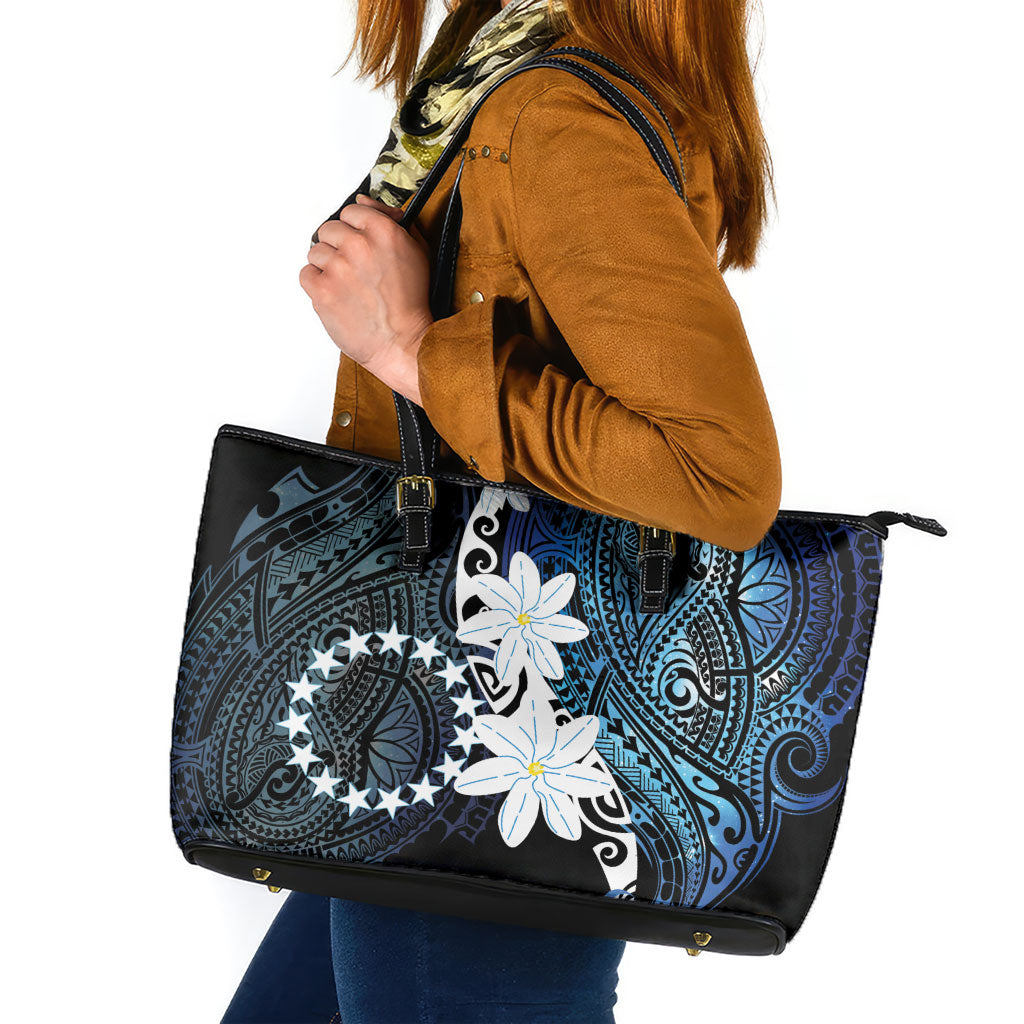 Cook Islands Maori Language Week Leather Tote Bag Tiare Maori Kuki Airani Blue Pattern