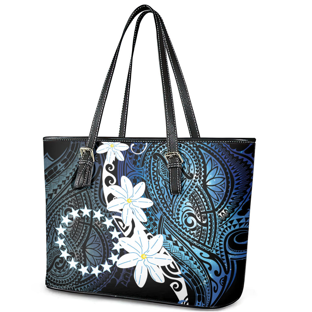 Cook Islands Maori Language Week Leather Tote Bag Tiare Maori Kuki Airani Blue Pattern