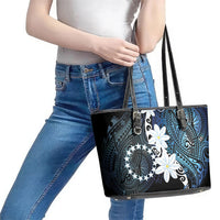Cook Islands Maori Language Week Leather Tote Bag Tiare Maori Kuki Airani Blue Pattern
