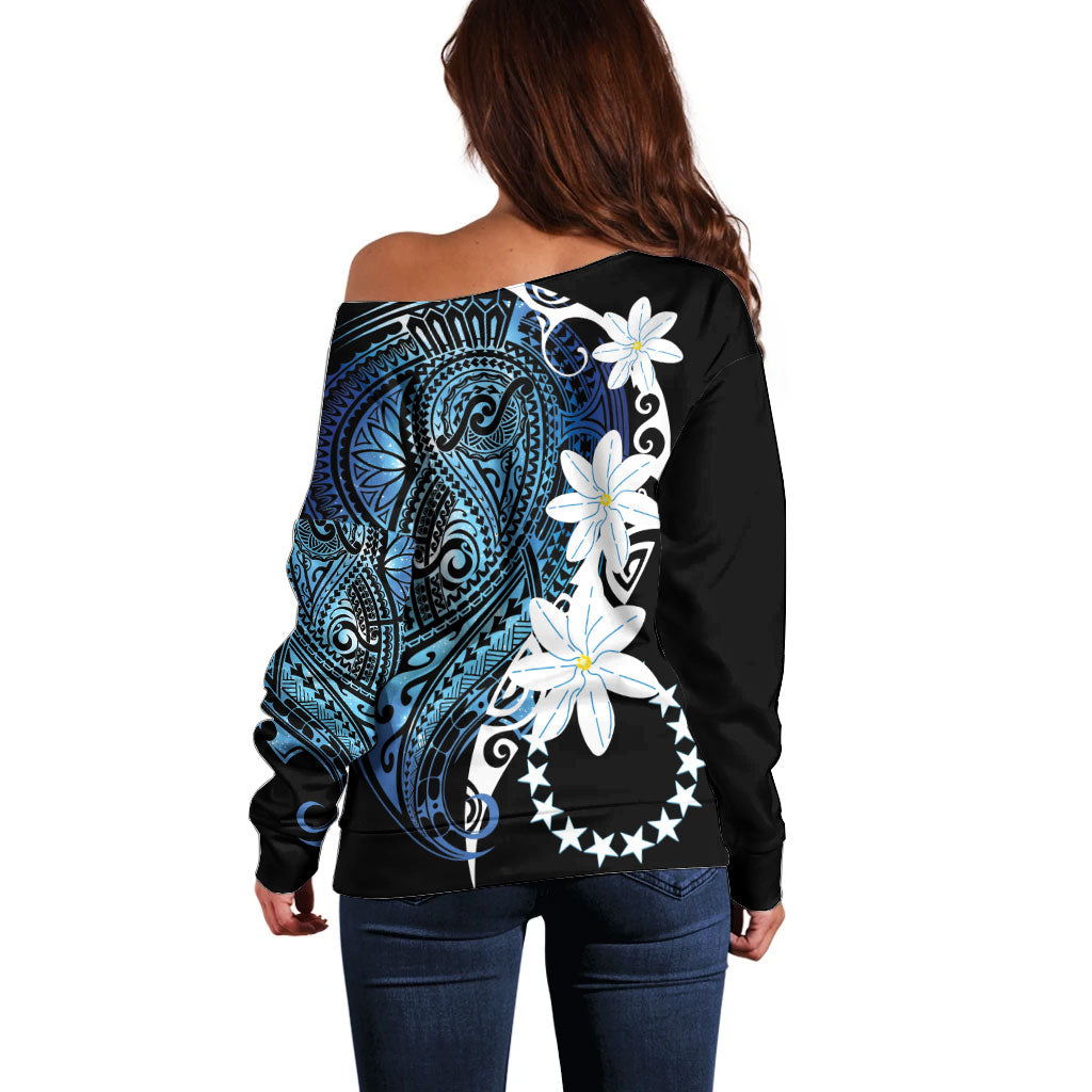 Cook Islands Maori Language Week Off Shoulder Sweater Tiare Maori Kuki Airani Blue Pattern