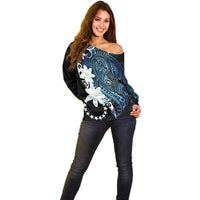 Cook Islands Maori Language Week Off Shoulder Sweater Tiare Maori Kuki Airani Blue Pattern
