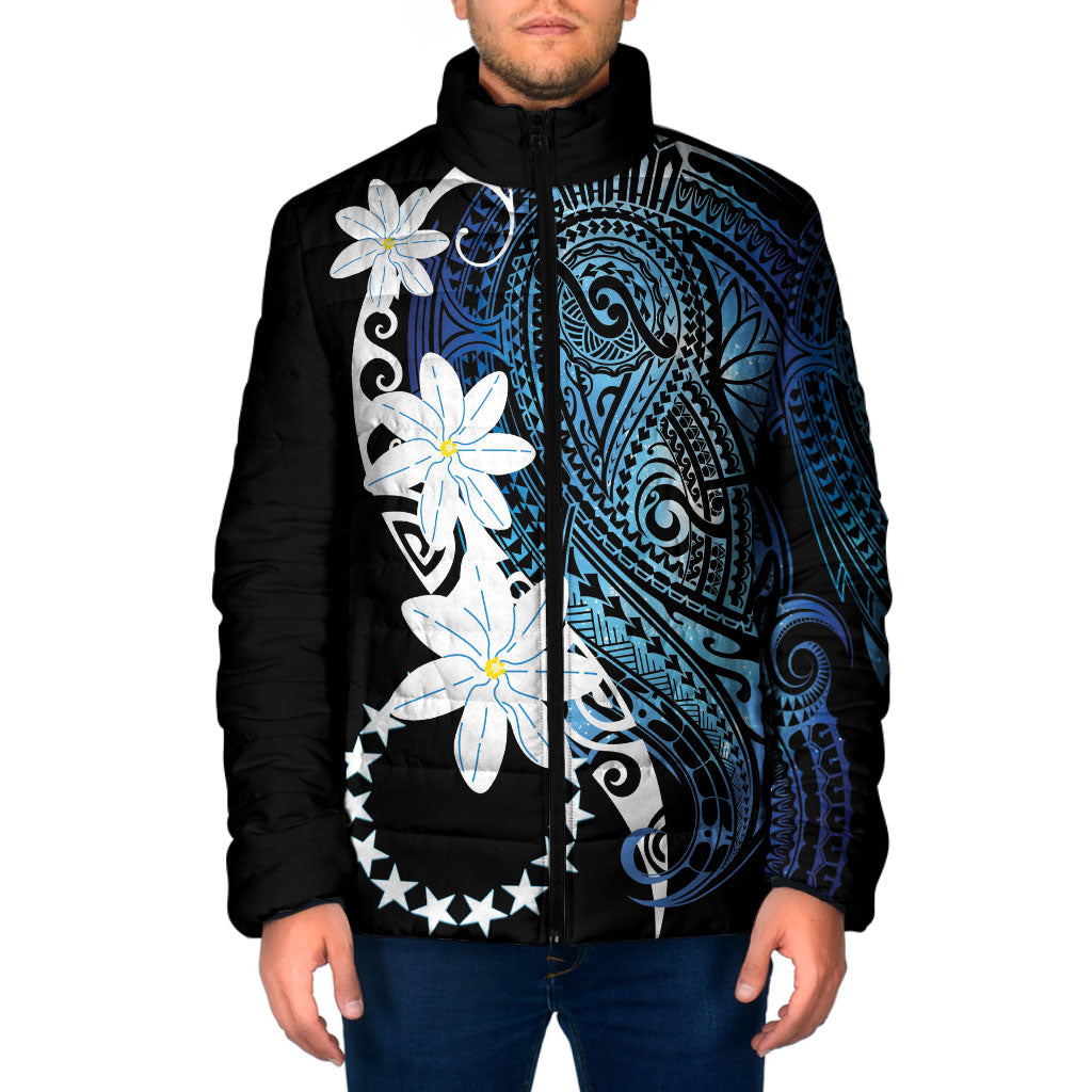 Cook Islands Maori Language Week Padded Jacket Tiare Maori Kuki Airani Blue Pattern