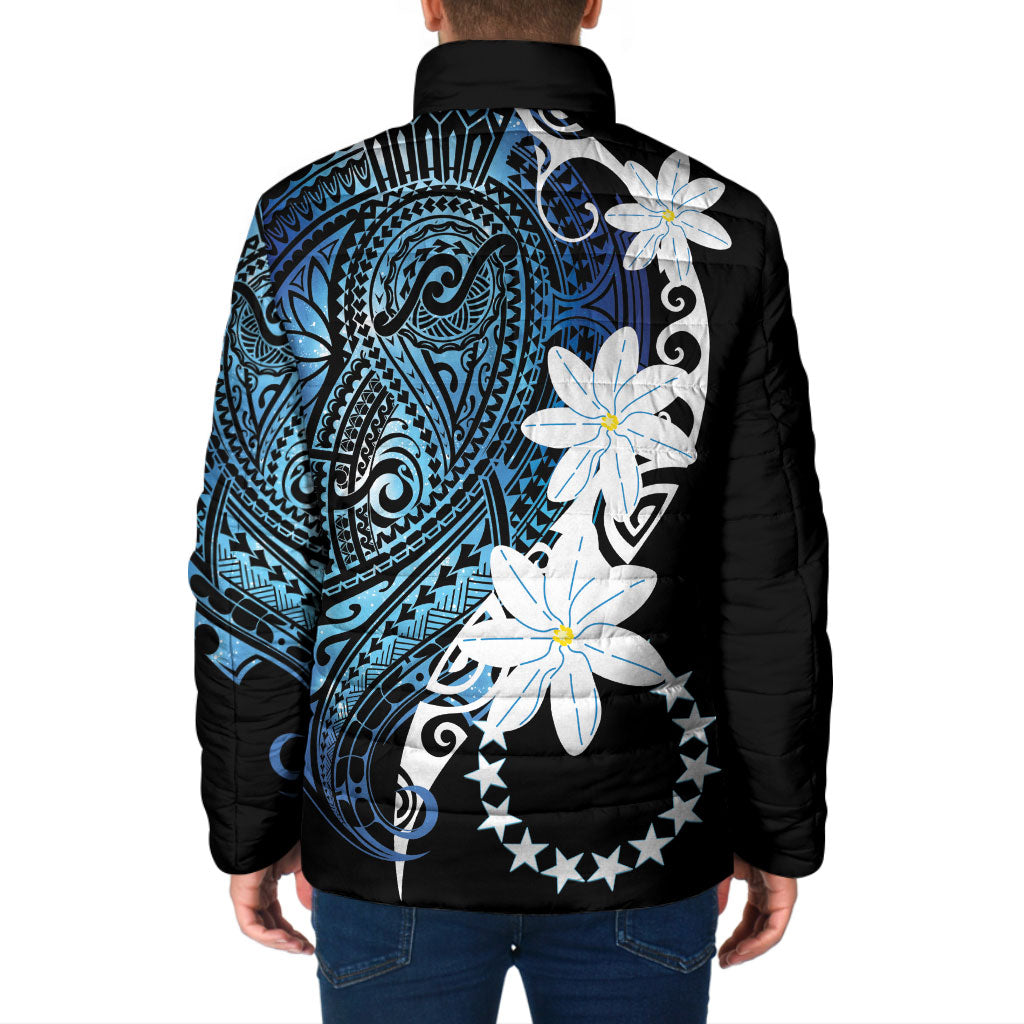 Cook Islands Maori Language Week Padded Jacket Tiare Maori Kuki Airani Blue Pattern