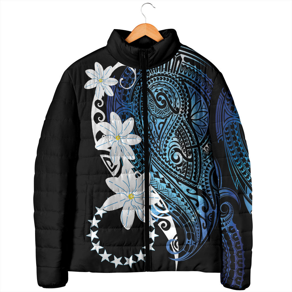 Cook Islands Maori Language Week Padded Jacket Tiare Maori Kuki Airani Blue Pattern