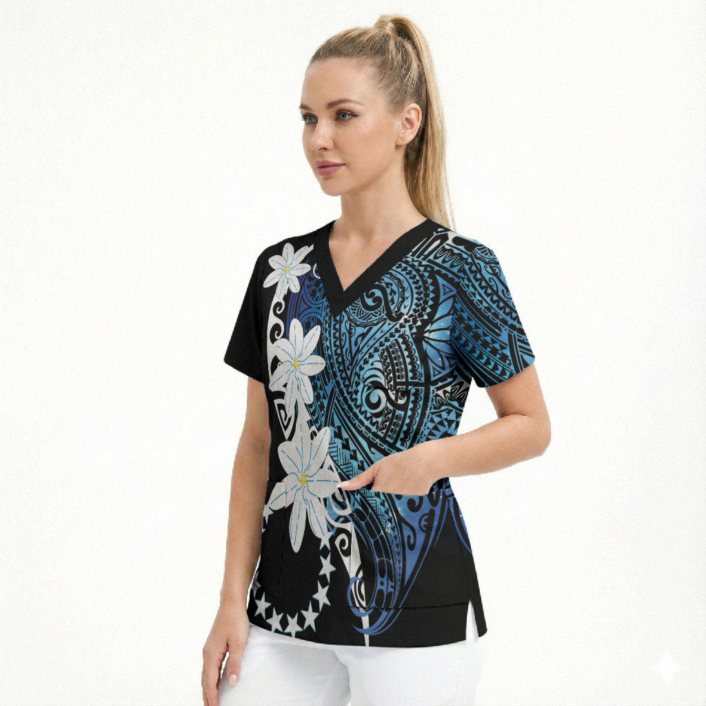 Cook Islands Maori Language Week Scrub Top Tiare Maori Kuki Airani Blue Pattern