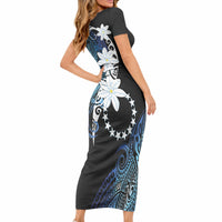 Cook Islands Maori Language Week Short Sleeve Bodycon Dress Tiare Maori Kuki Airani Blue Pattern