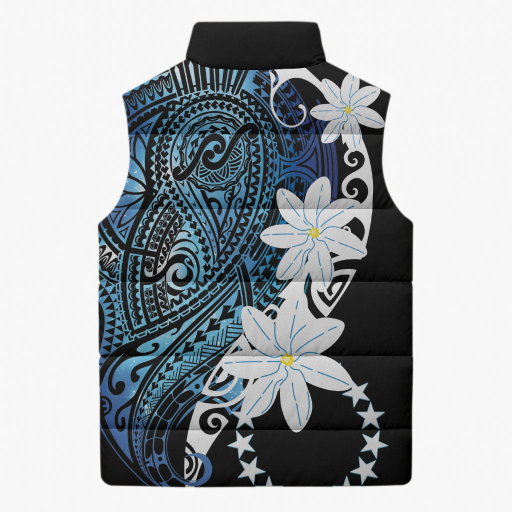 Cook Islands Maori Language Week Sleeveless Puffer Jacket Tiare Maori Kuki Airani Blue Pattern