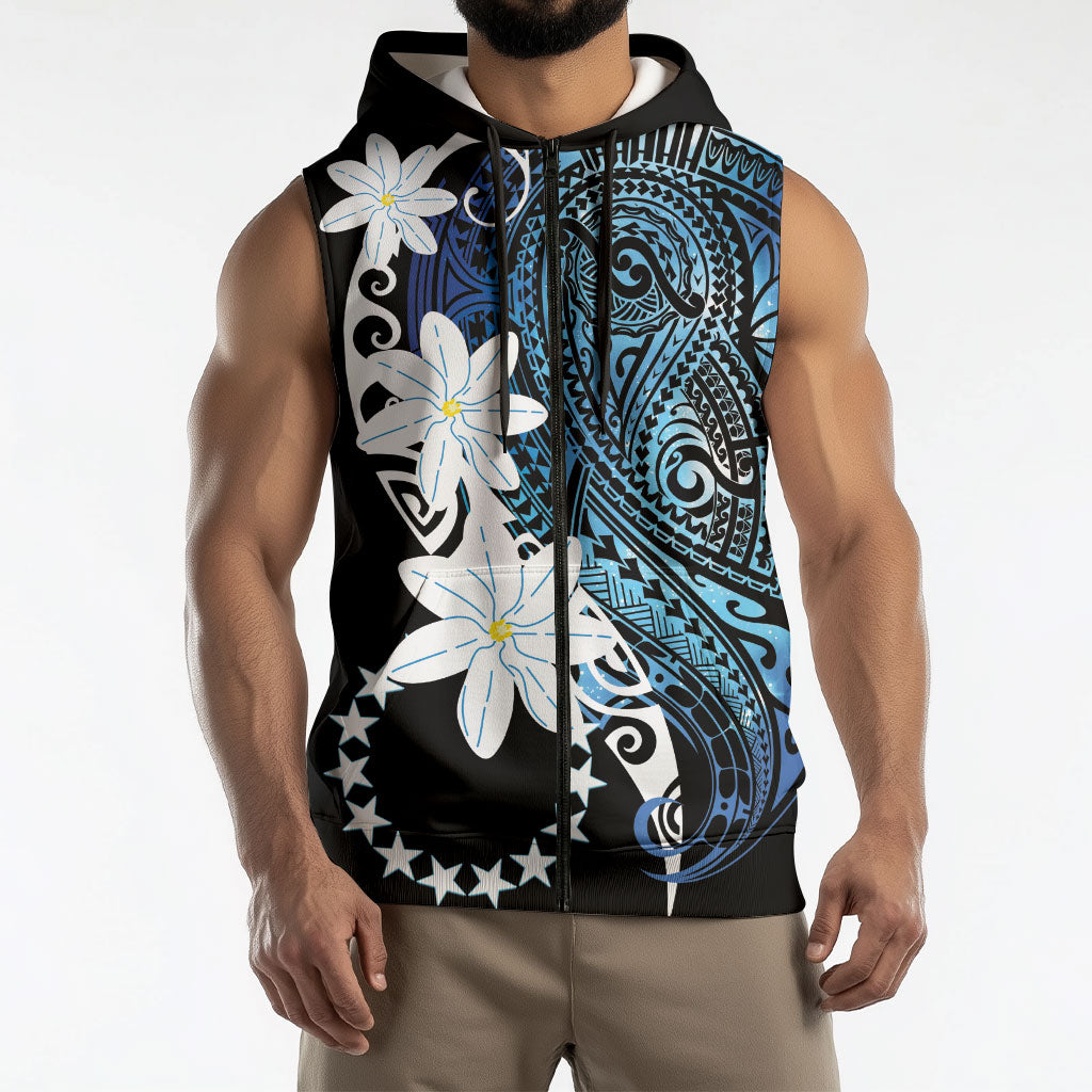 Cook Islands Maori Language Week Sleeveless Zip Hoodie Tiare Maori Kuki Airani Blue Pattern
