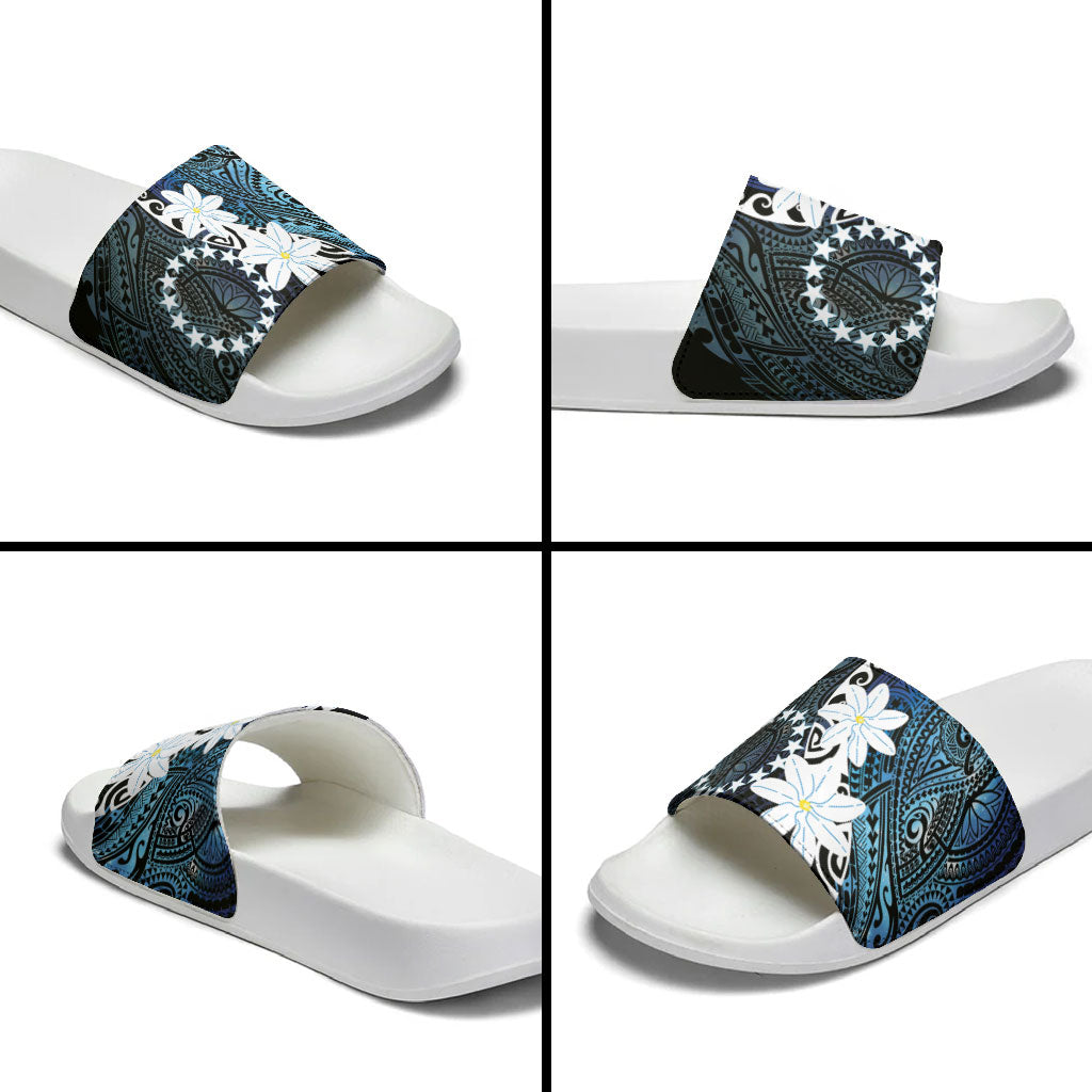 Cook Islands Maori Language Week Slide Sandals Tiare Maori Kuki Airani Blue Pattern