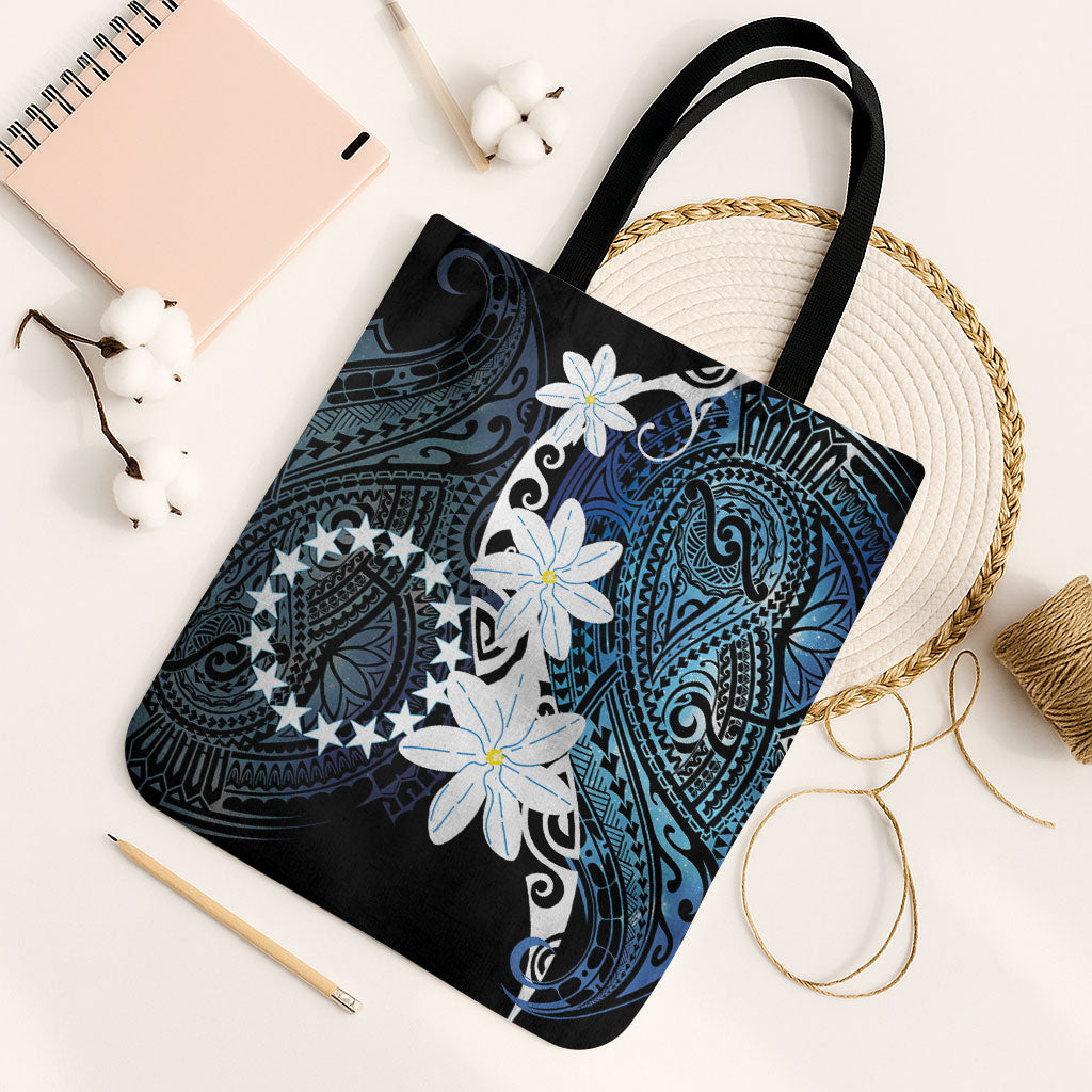 Cook Islands Maori Language Week Tote Bag Tiare Maori Kuki Airani Blue Pattern