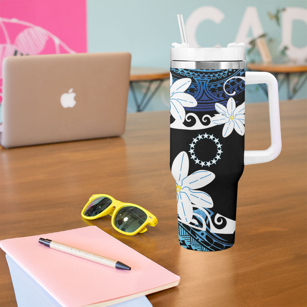 Cook Islands Maori Language Week Tumbler With Handle Tiare Maori Kuki Airani Blue Pattern