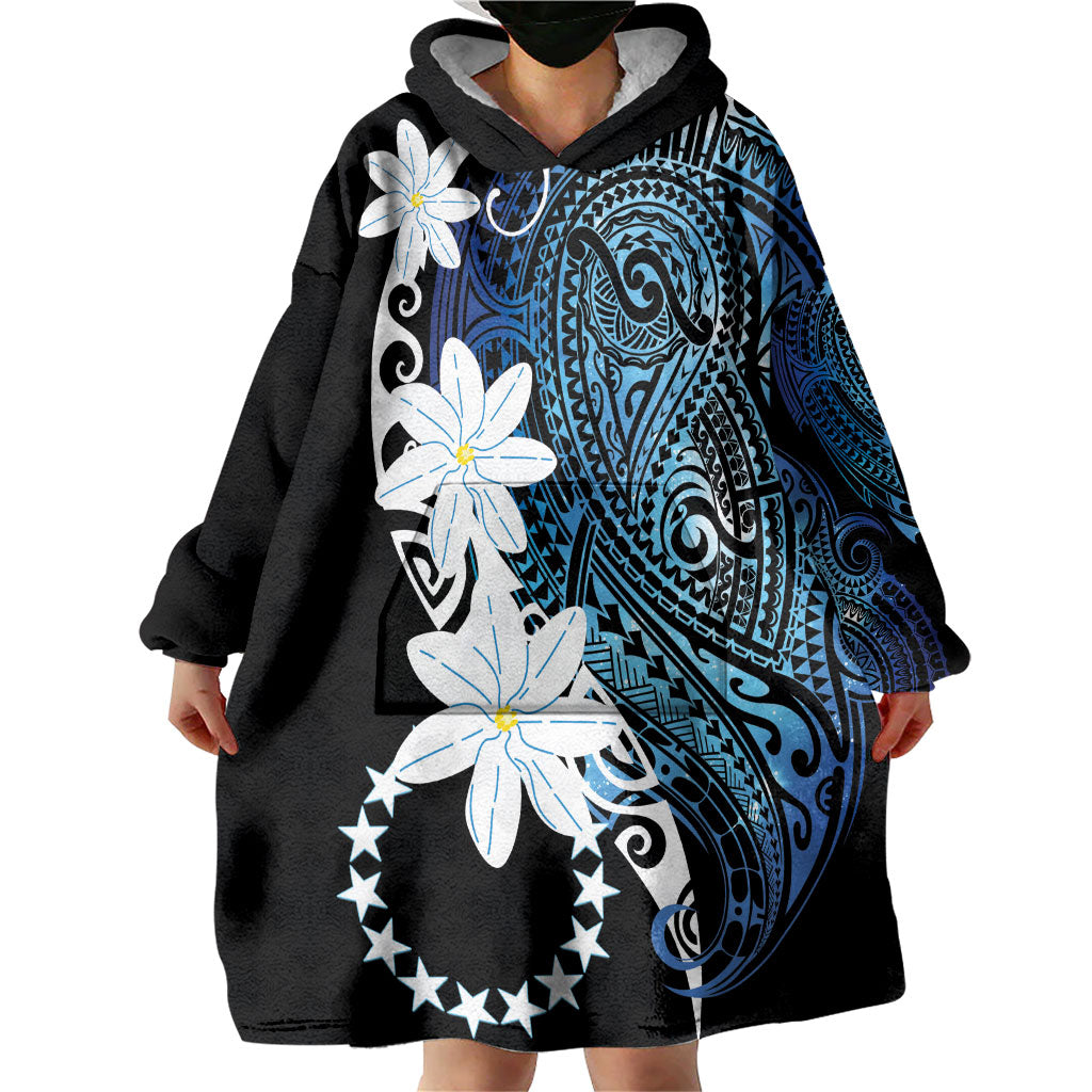 Cook Islands Maori Language Week Wearable Blanket Hoodie Tiare Maori Kuki Airani Blue Pattern