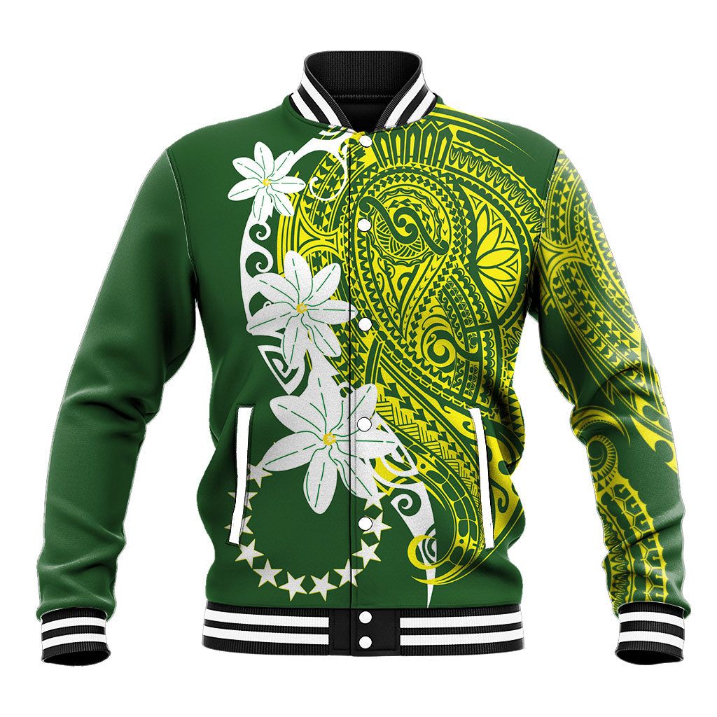 Cook Islands Maori Language Week Baseball Jacket Tiare Maori Kuki Airani Green Pattern