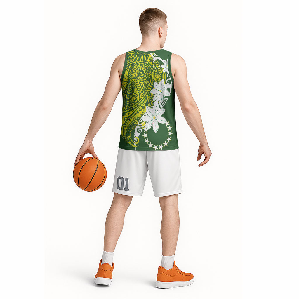 Cook Islands Maori Language Week Basketball Jersey Tiare Maori Kuki Airani Green Pattern