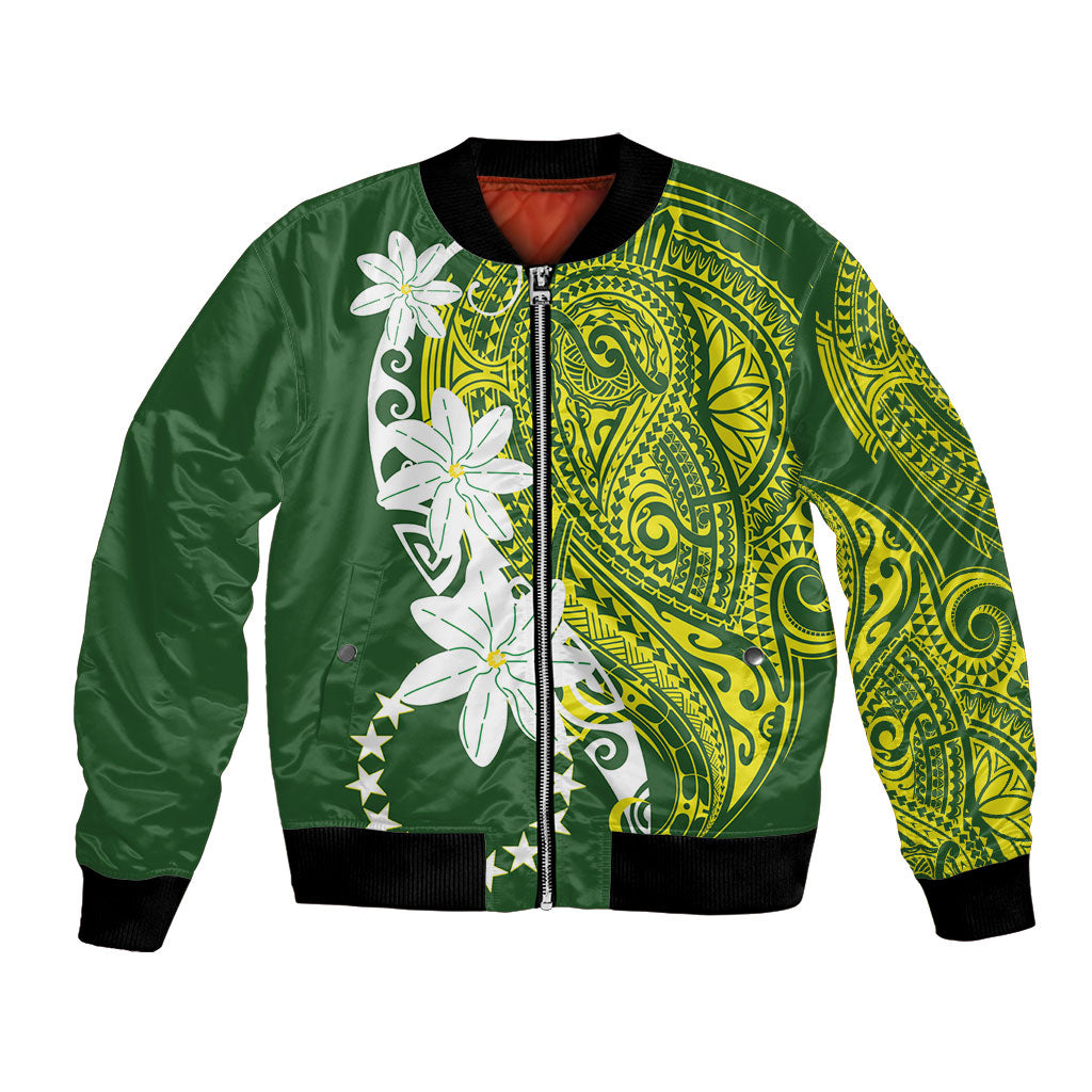 Cook Islands Maori Language Week Bomber Jacket Tiare Maori Kuki Airani Green Pattern