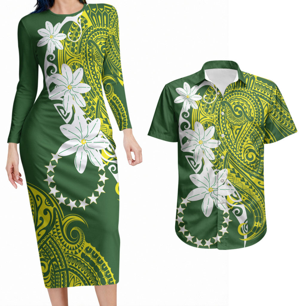 Cook Islands Maori Language Week Couples Matching Long Sleeve Bodycon Dress and Hawaiian Shirt Tiare Maori Kuki Airani Green Pattern LT22 Green - Polynesian Pride