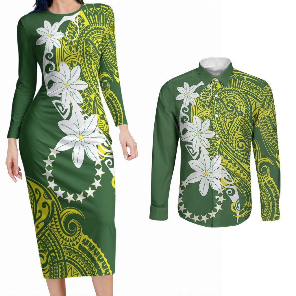 Cook Islands Maori Language Week Couples Matching Long Sleeve Bodycon Dress and Long Sleeve Button Shirt Tiare Maori Kuki Airani Green Pattern