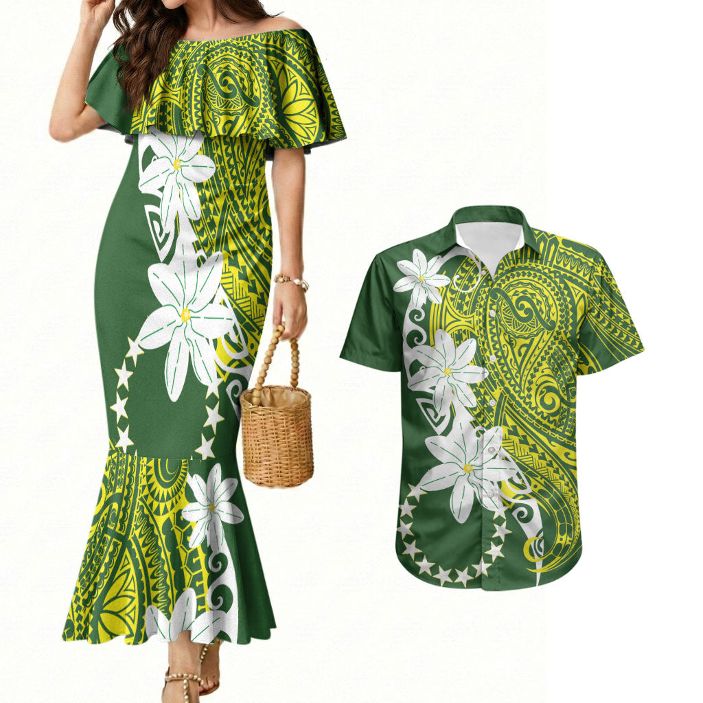 Cook Islands Maori Language Week Couples Matching Mermaid Dress and Hawaiian Shirt Tiare Maori Kuki Airani Green Pattern