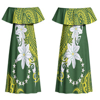 Cook Islands Maori Language Week Couples Matching Off Shoulder Maxi Dress and Hawaiian Shirt Tiare Maori Kuki Airani Green Pattern