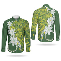 Cook Islands Maori Language Week Couples Matching Off Shoulder Maxi Dress and Long Sleeve Button Shirt Tiare Maori Kuki Airani Green Pattern