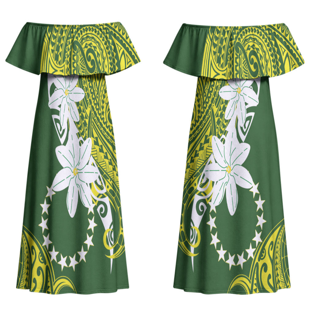 Cook Islands Maori Language Week Couples Matching Off Shoulder Maxi Dress and Long Sleeve Button Shirt Tiare Maori Kuki Airani Green Pattern