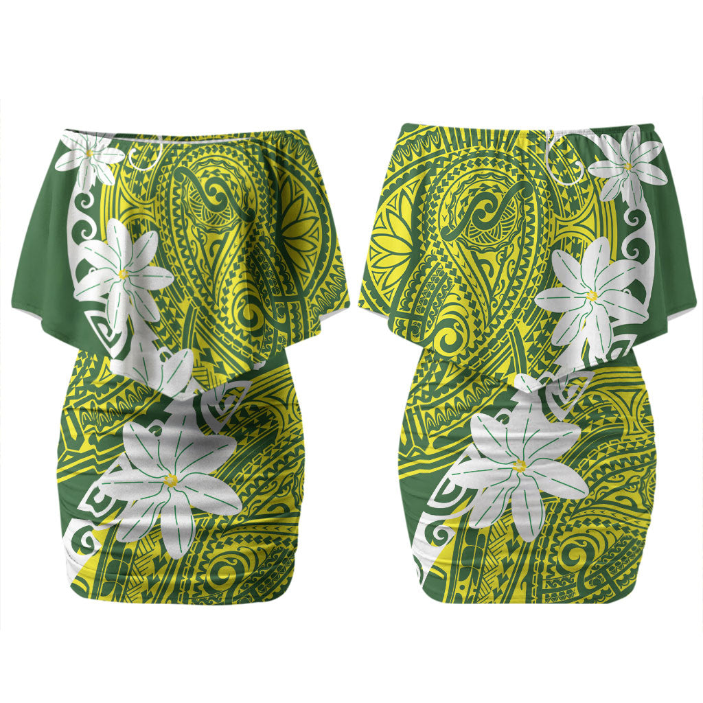 Cook Islands Maori Language Week Couples Matching Off Shoulder Short Dress and Hawaiian Shirt Tiare Maori Kuki Airani Green Pattern