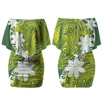 Cook Islands Maori Language Week Couples Matching Off Shoulder Short Dress and Hawaiian Shirt Tiare Maori Kuki Airani Green Pattern