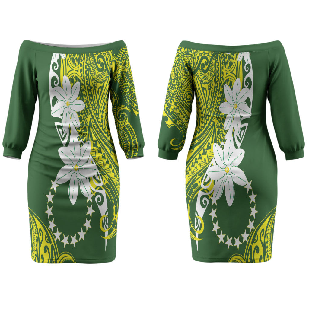 Cook Islands Maori Language Week Couples Matching Off The Shoulder Long Sleeve Dress and Hawaiian Shirt Tiare Maori Kuki Airani Green Pattern