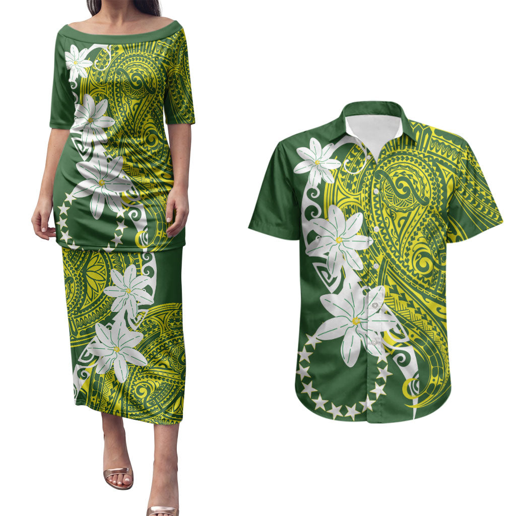 Cook Islands Maori Language Week Couples Matching Puletasi and Hawaiian Shirt Tiare Maori Kuki Airani Green Pattern