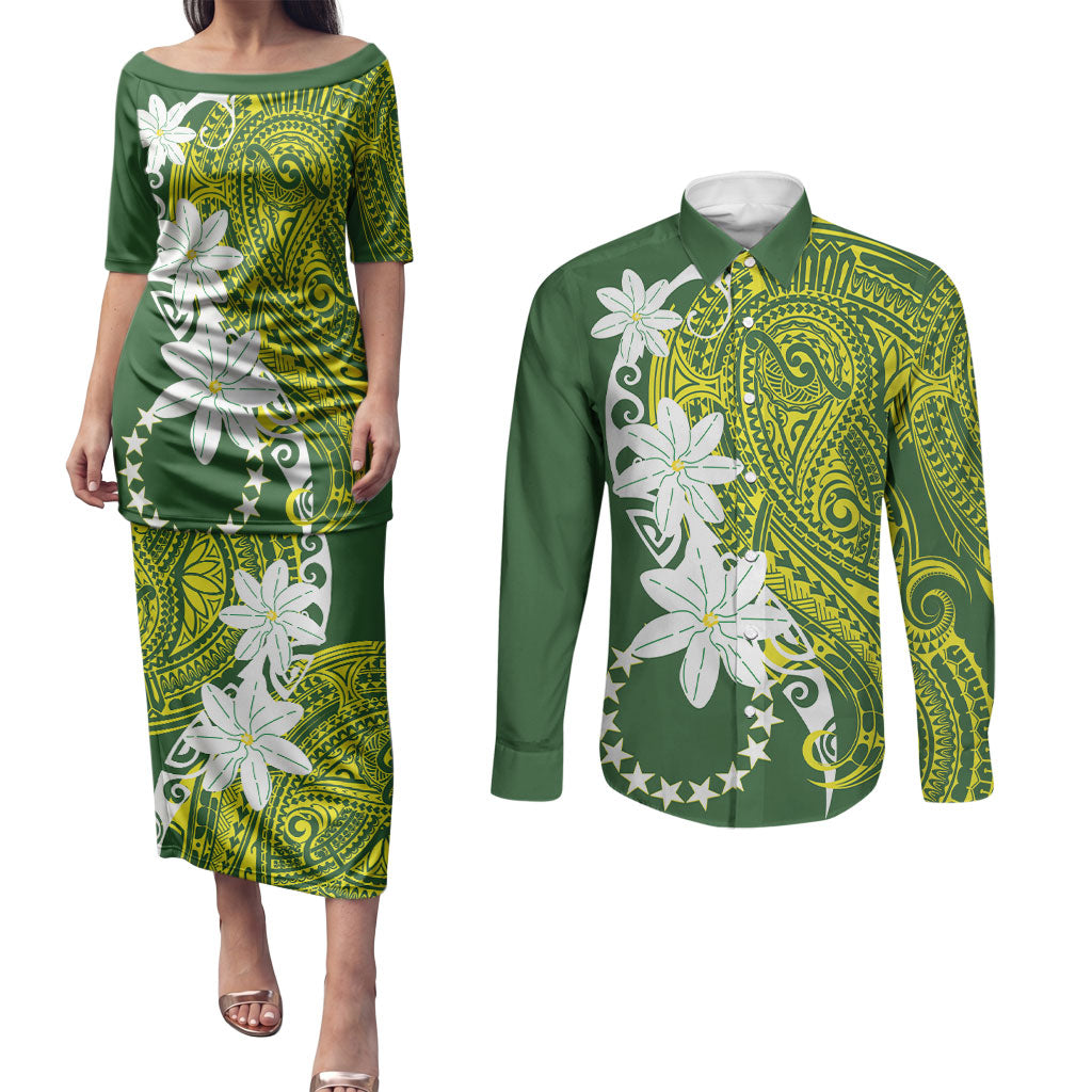 Cook Islands Maori Language Week Couples Matching Puletasi and Long Sleeve Button Shirt Tiare Maori Kuki Airani Green Pattern
