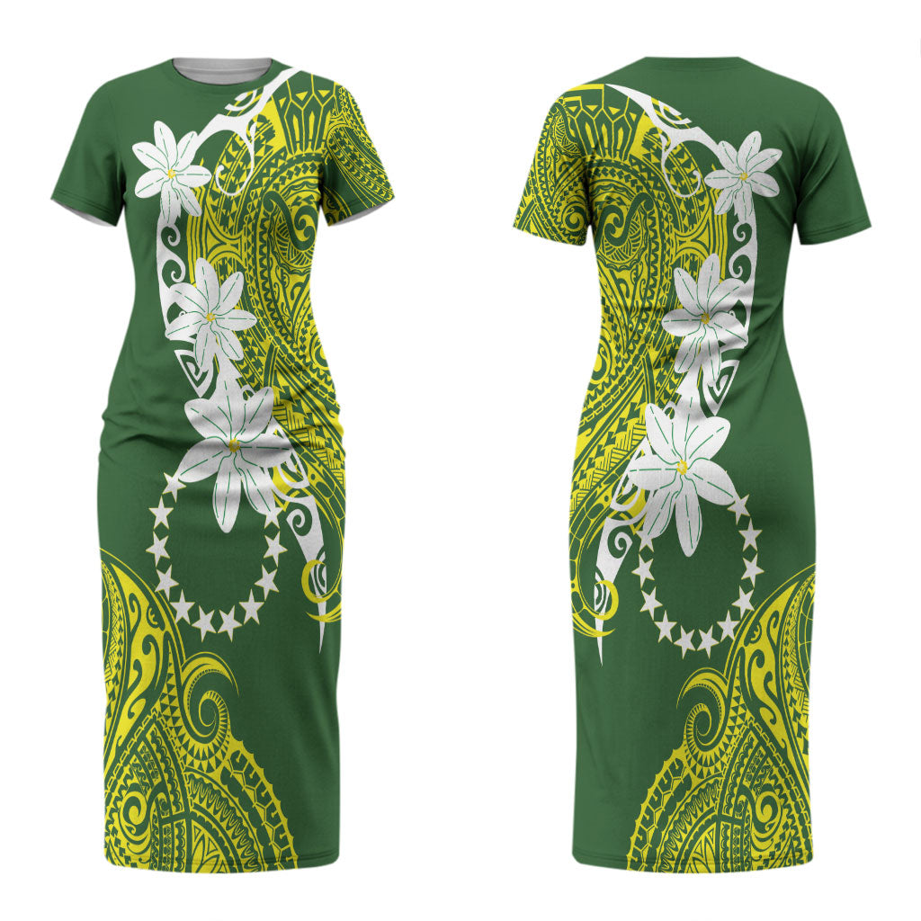 Cook Islands Maori Language Week Couples Matching Short Sleeve Bodycon Dress and Hawaiian Shirt Tiare Maori Kuki Airani Green Pattern