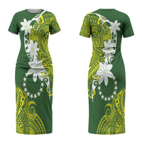 Cook Islands Maori Language Week Couples Matching Short Sleeve Bodycon Dress and Hawaiian Shirt Tiare Maori Kuki Airani Green Pattern