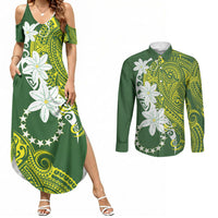 Cook Islands Maori Language Week Couples Matching Summer Maxi Dress and Long Sleeve Button Shirt Tiare Maori Kuki Airani Green Pattern