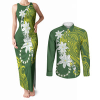 Cook Islands Maori Language Week Couples Matching Tank Maxi Dress and Long Sleeve Button Shirt Tiare Maori Kuki Airani Green Pattern
