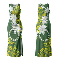 Cook Islands Maori Language Week Couples Matching Tank Maxi Dress and Long Sleeve Button Shirt Tiare Maori Kuki Airani Green Pattern