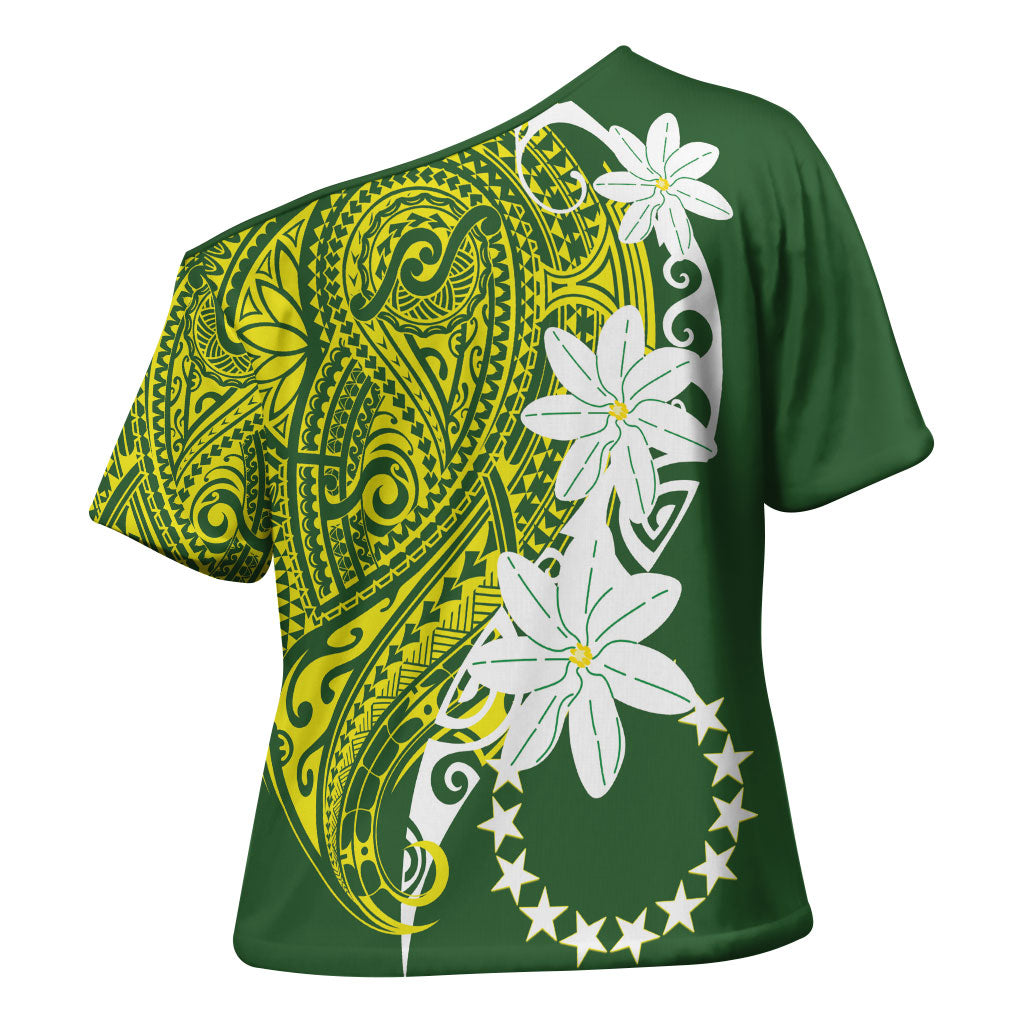 Cook Islands Maori Language Week Cross Shoulder Shirt Tiare Maori Kuki Airani Green Pattern