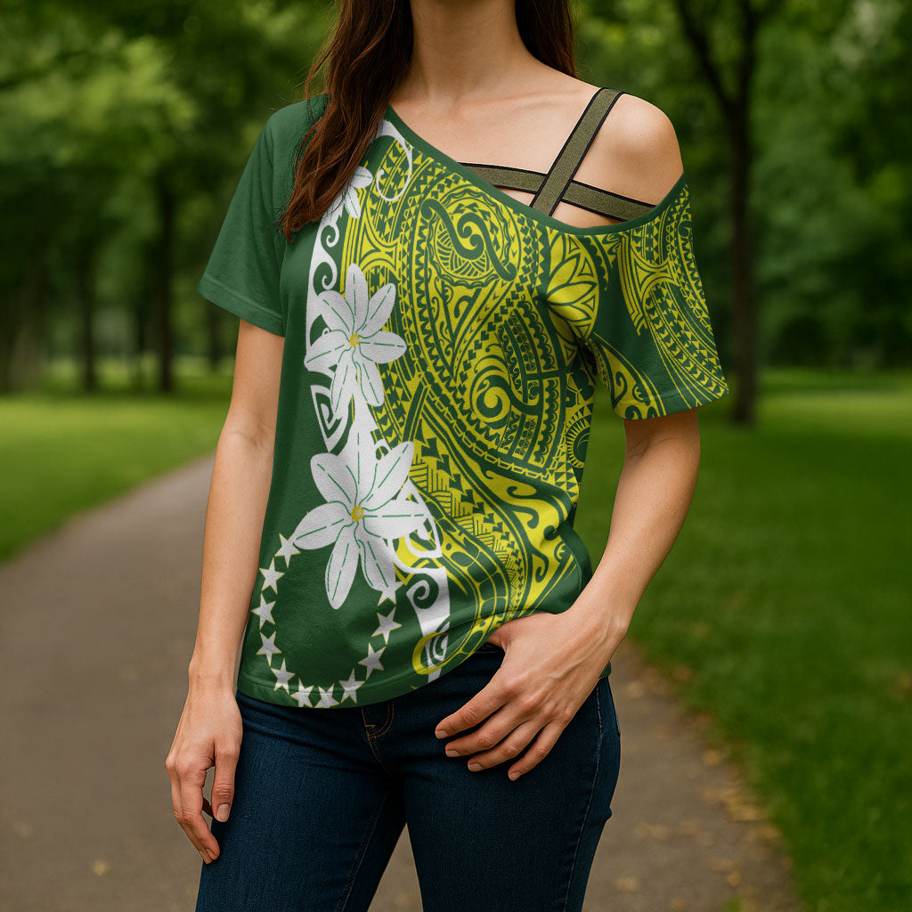 Cook Islands Maori Language Week Cross Shoulder Shirt Tiare Maori Kuki Airani Green Pattern